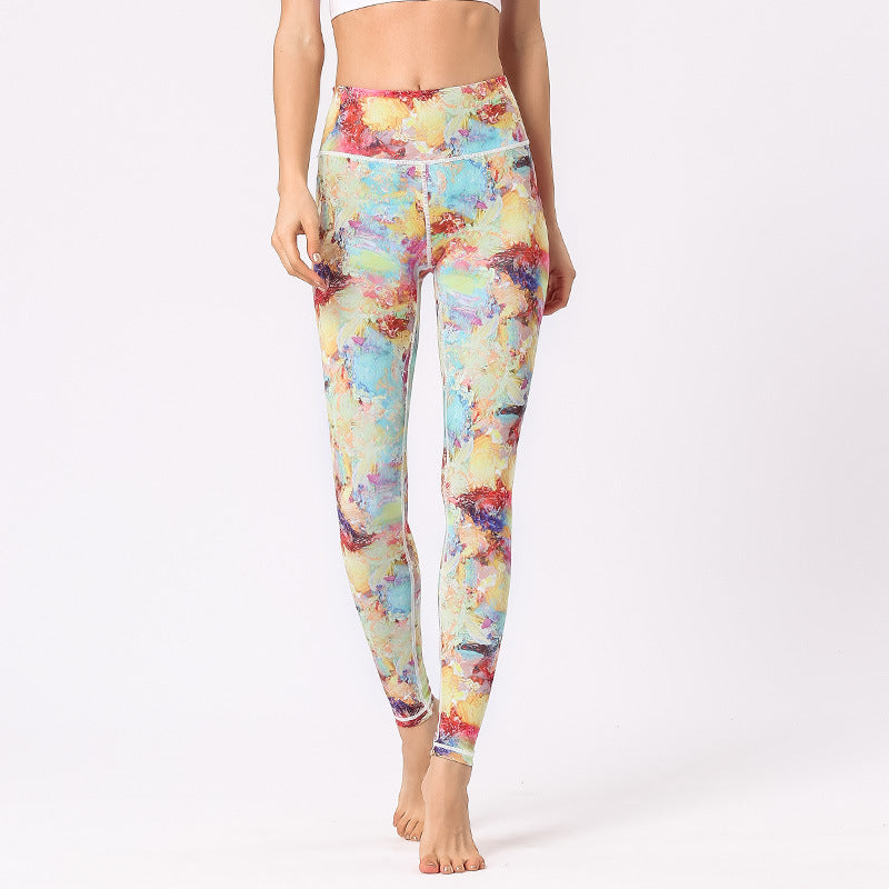 Multicolored Print Flowers Pants Sports Exercise Fitness High Waist Leggings Women's Yoga Pants