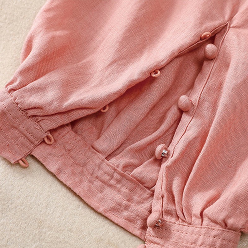 Pure Color Drawstring Frog-Button Cotton Linen Women's Harem Pants With Pockets