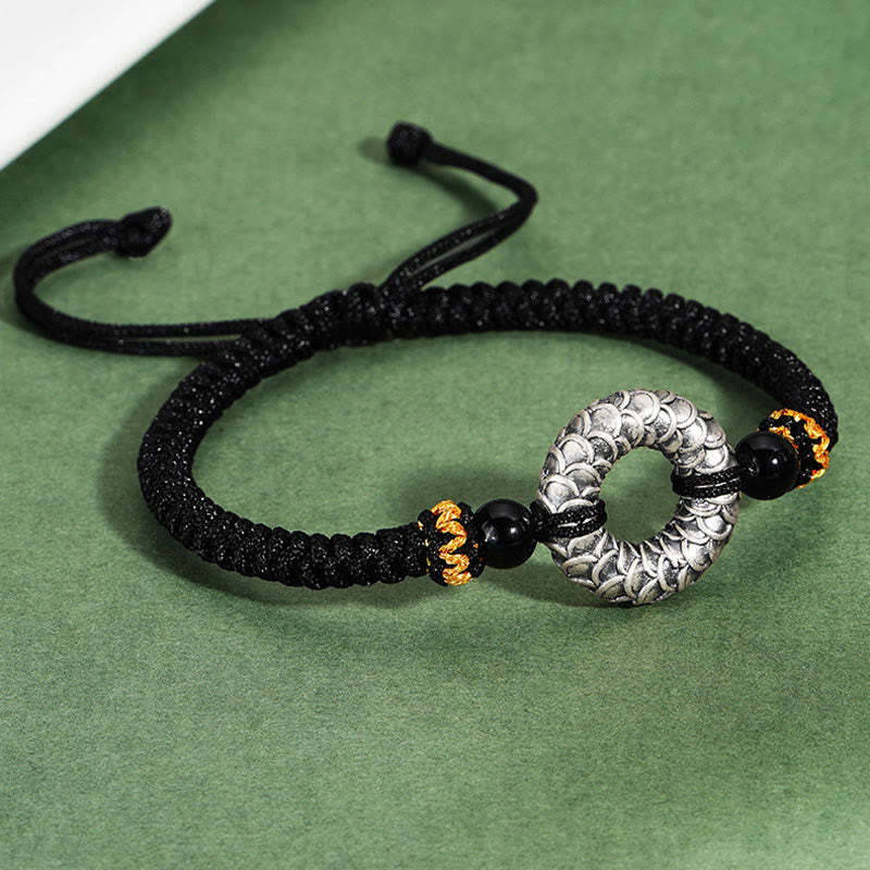 Handmade Black Onyx 999 Sterling Silver Peace Buckle Dragon Black String Luck Braided Bracelet
