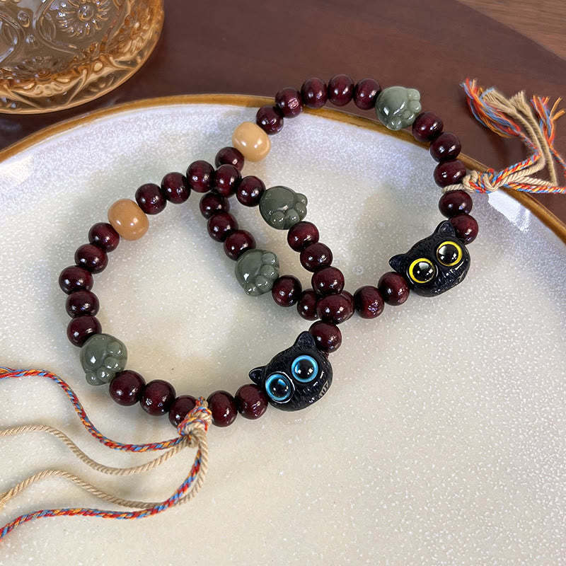 Ebony Wood Lovely Cat Jade Paw Peace Tassel Wood Bracelet