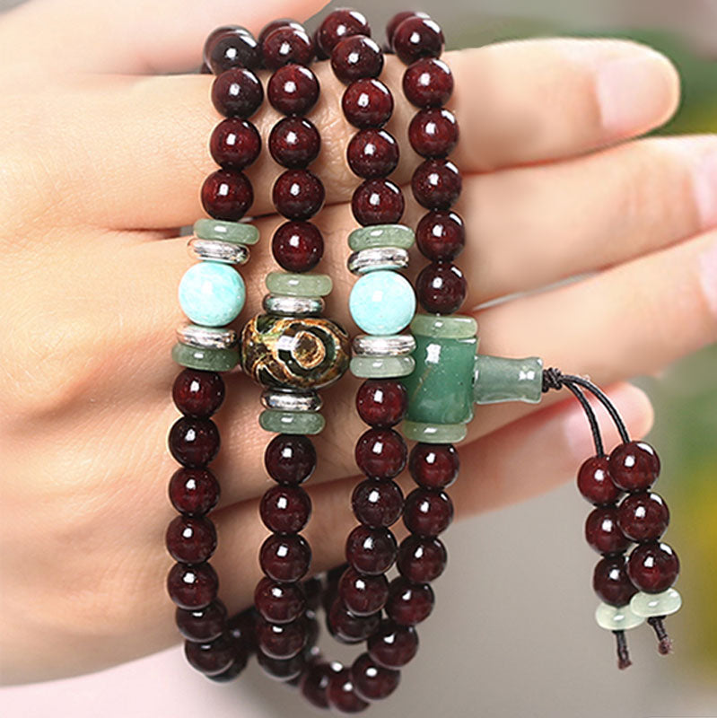 108 Beads Small Leaf Red Sandalwood Green Aventurine Amazonite Luck Healing Bracelet Mala