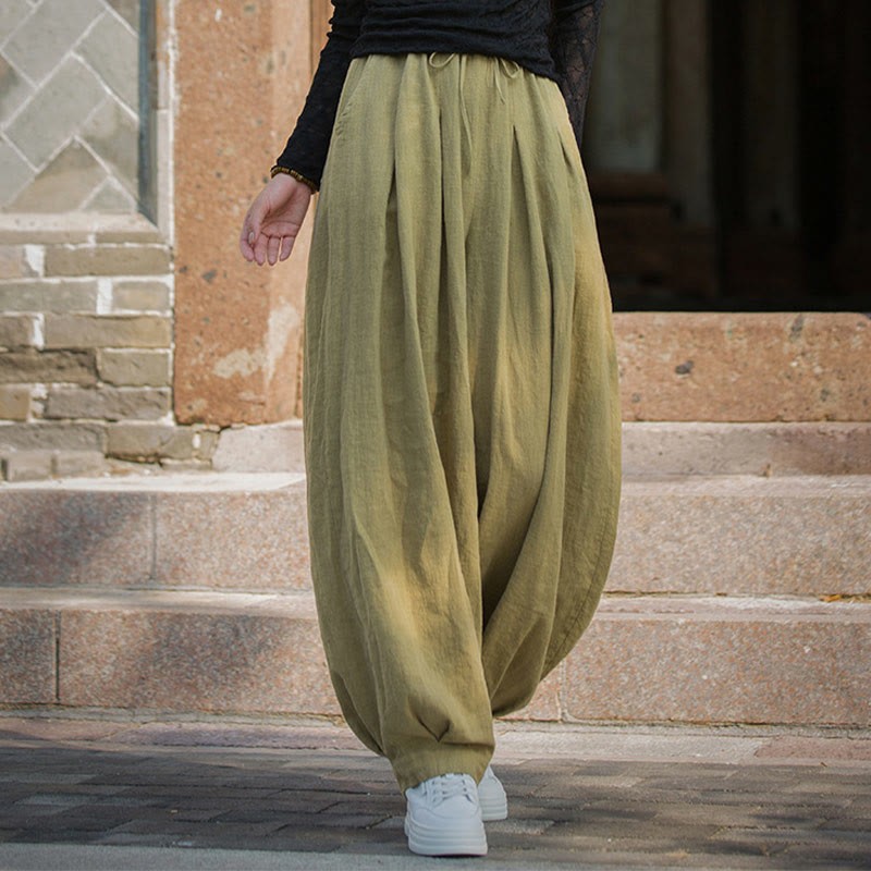 Casual Plain Loose Waist Tie Rope Women's Ramie Cotton Pants With Pockets