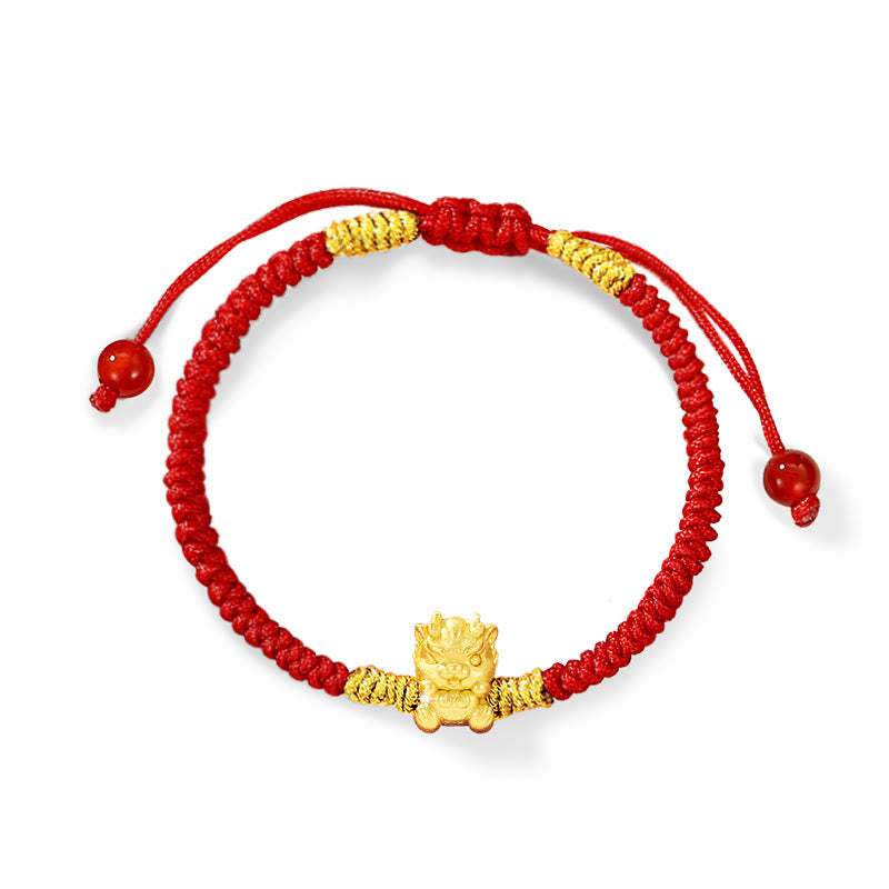 999 Sterling Silver Year of the Dragon Copper Coin Fortune Dragon Fu Character Luck Handcrafted Red String Braided Bracelet