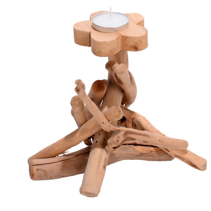 Flower Pattern Wood Candlestick Home Candle Holder Decoration