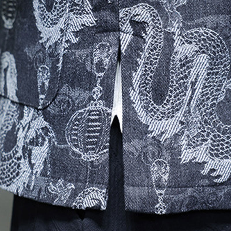 Chinese New Year Jacquard Embroidery Dragon Lantern Frog-button Tang Suit Cotton Men's Jacket Shirt With Pockets