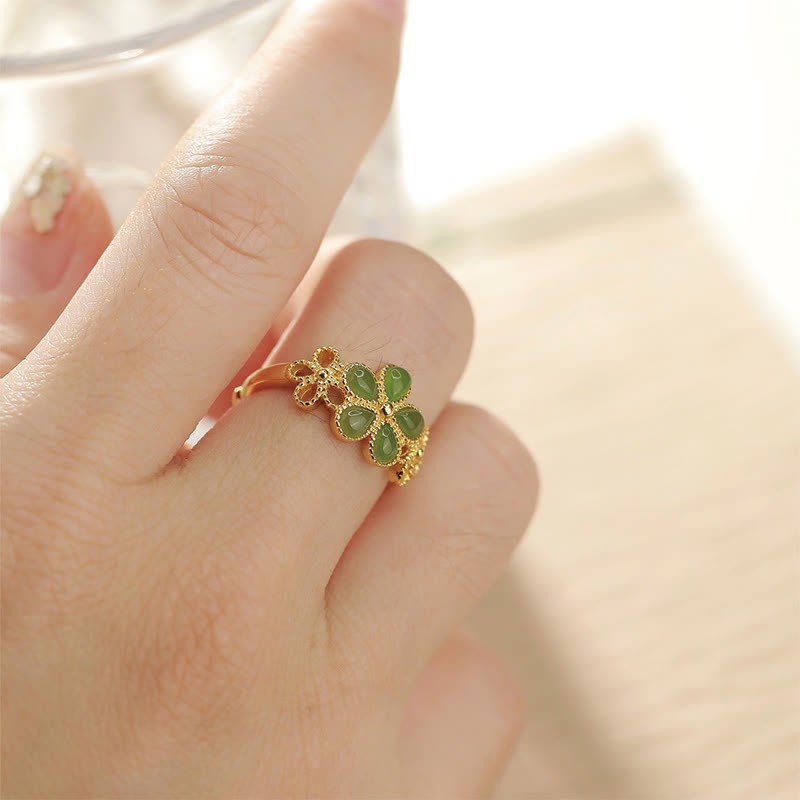 Natural Hetian Jade 925 Sterling Silver Plated Gold Flower Adjustable Prosperity Ring