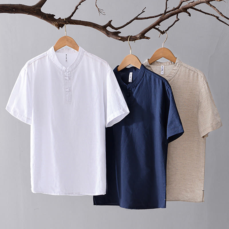 Soft Plain Frog-button Crew Neck Cotton Linen Half Button Men's Shirt