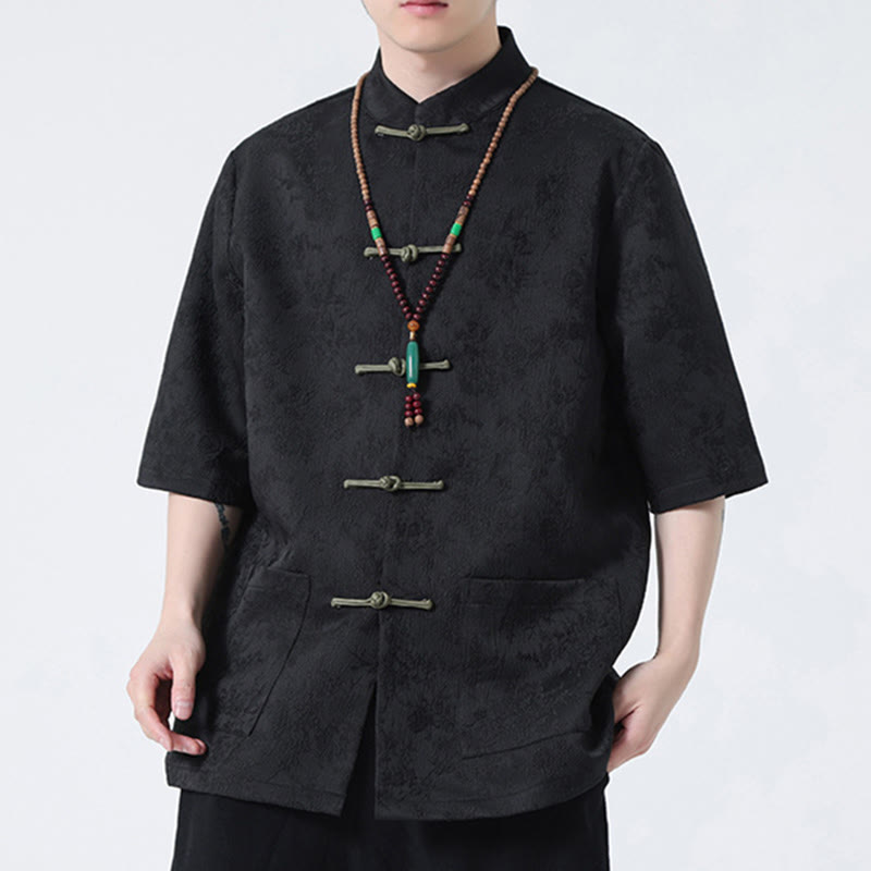 Solid Color Jacquard Frog-button Chinese Half Sleeve Shirt Men T-shirt