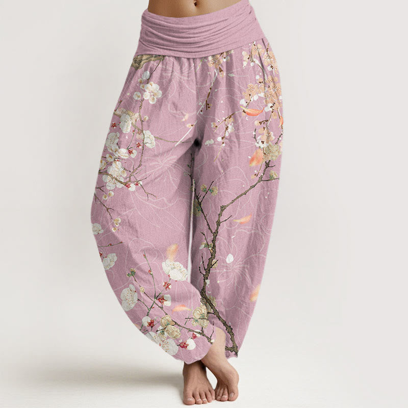 Casual White Plum Blossom Tree Trunk Women's Elastic Waist Harem Pants