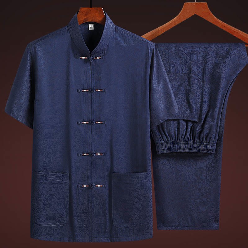 Along the River During the Qingming Festival Pattern Traditional Tang Suit Short Sleeve Shirt Pants Clothing Men's Set