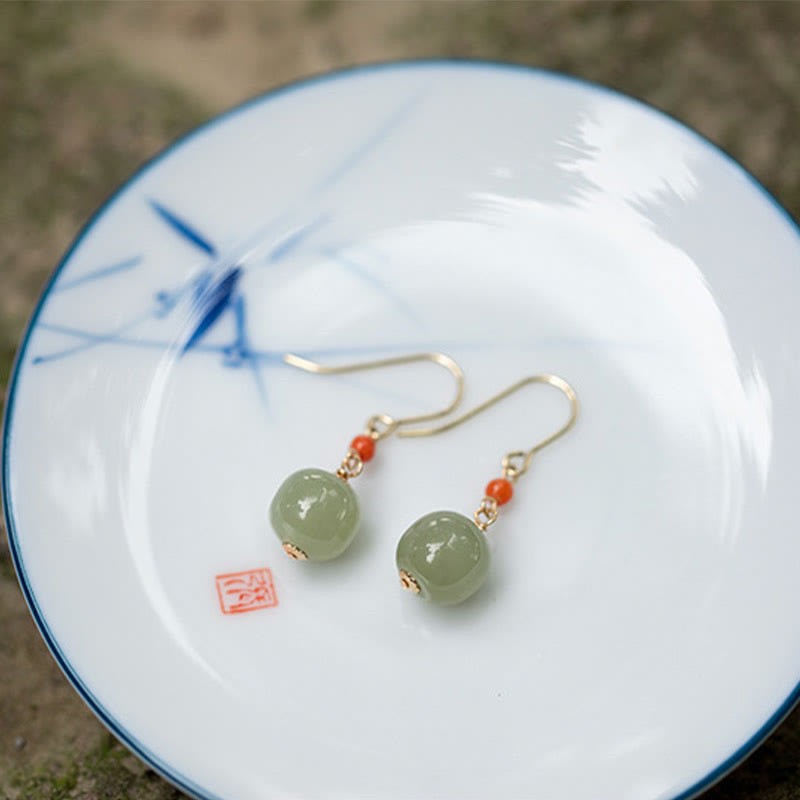 925 Sterling Silver 14K Gold Plated Hetian Jade Red Agate Luck Drop Dangle Earrings