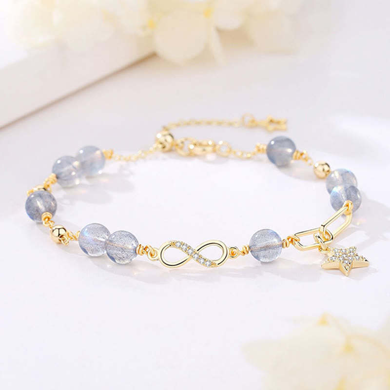 14K Gold Plated Natural Strawberry Quartz Moonstone M?bius Loop Eternal Love Star Positive Bracelet
