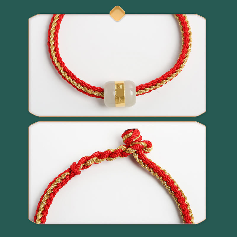 999 Gold Hetian White Jade Om Mani Padme Hum Fu Character Luck Braided Bracelet