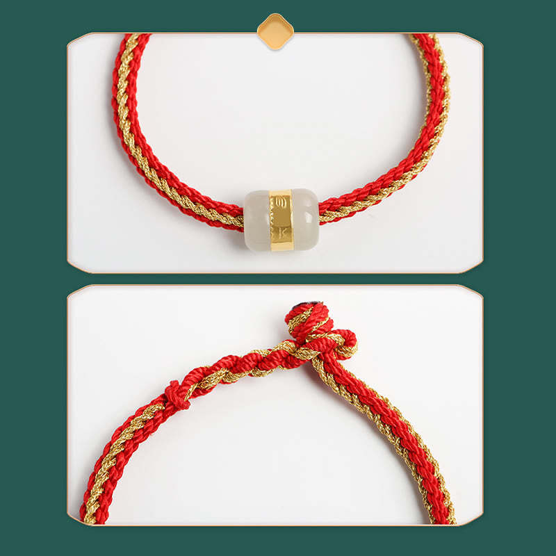 999 Gold Hetian White Jade Om Mani Padme Hum Fu Character Luck Braided Bracelet