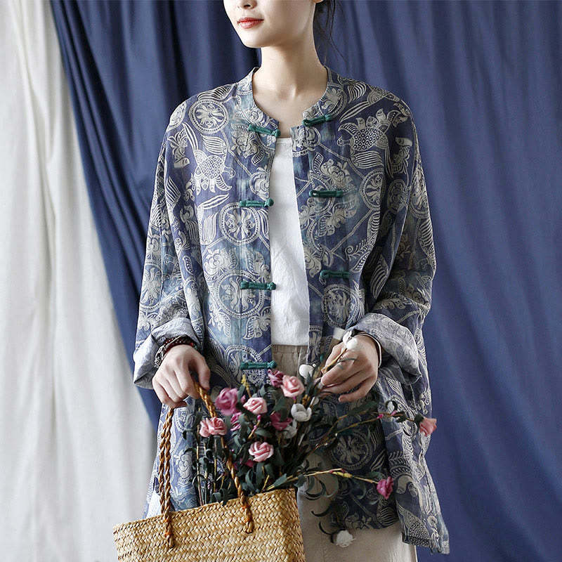 Birds Flowers Geometry Frog-Button Long Sleeve Ramie Linen Jacket Shirt