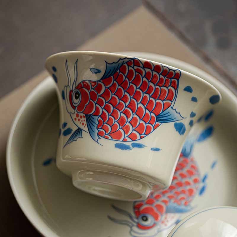 Koi Fish Arowana Ceramic Gaiwan Sancai Teacup Kung Fu Tea Cup With Lid 130ml