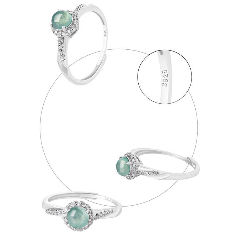 925 Sterling Silver Round Jade Luck Prosperity Adjustable Ring