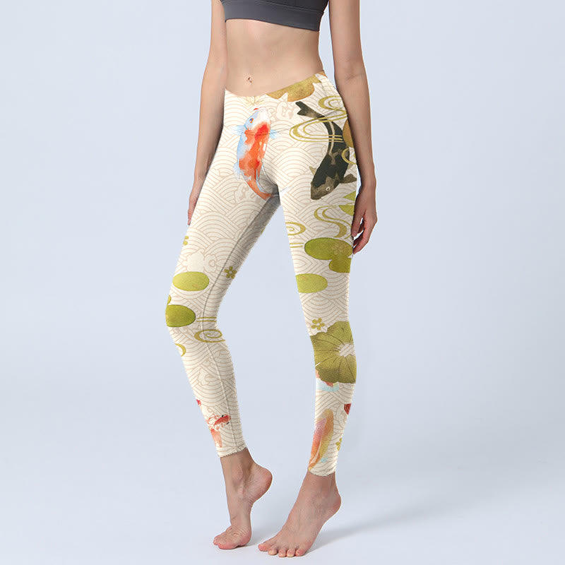 Koi Fish Lotus Leaves Print Gym Leggings Women's Yoga Pants