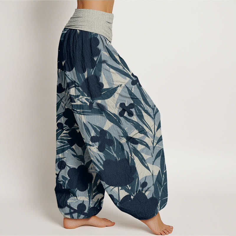 Long Leaves Flowers Pattern Design Women's Elastic Waist Harem Pants