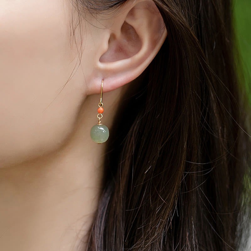 925 Sterling Silver 14K Gold Plated Hetian Jade Red Agate Luck Drop Dangle Earrings
