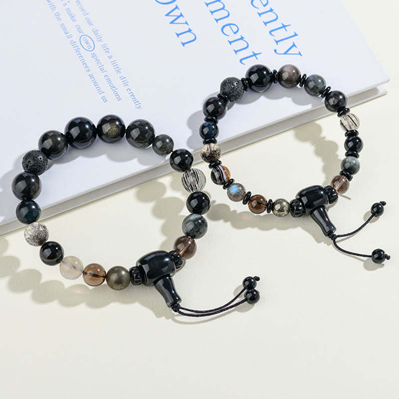 Five Elements Various Crystal Black Obsidian Wealth Wisdom Bracelet