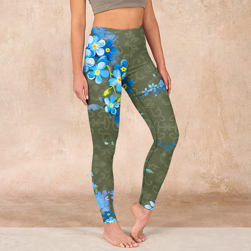 Blue Flowers Butterflies Print Gym Leggings Women's Yoga Pants