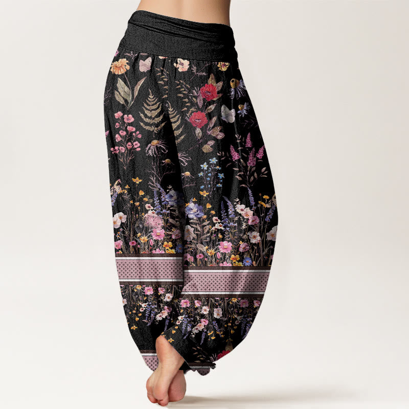 Multicolored Flowers Butterflies Design Women's Elastic Waist Harem Pants