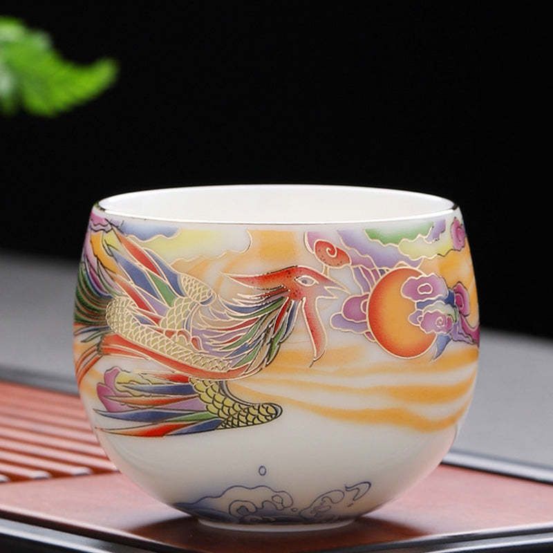 Dragon Phoenix Auspicious Clouds Sun Ocean Waves Ceramic Teacup Kung Fu Tea Cup
