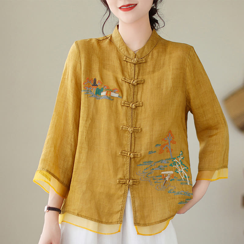 Embroidery Frog-button Design Three Quarter Sleeve Women's Shirt