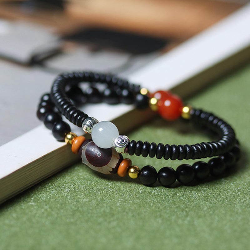 Ebony Sandalwood Green Sandalwood Dzi Bead Balance Calm Double Wrap Bracelet
