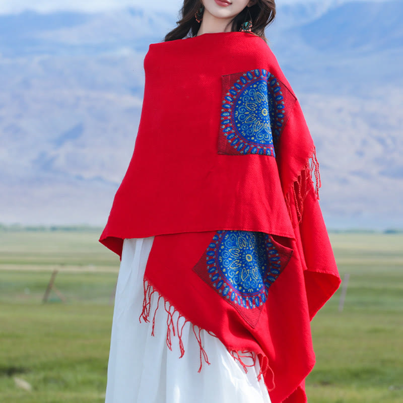 Tibetan Geometric Round Mandala Pattern Tassels Shawl Fall Winter Cozy Scarf Wrap With Pockets
