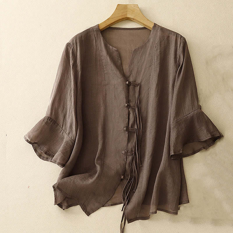 Casual Women's V-Neck Design Half Bell Sleeve Cotton Linen Cardigan Shirt