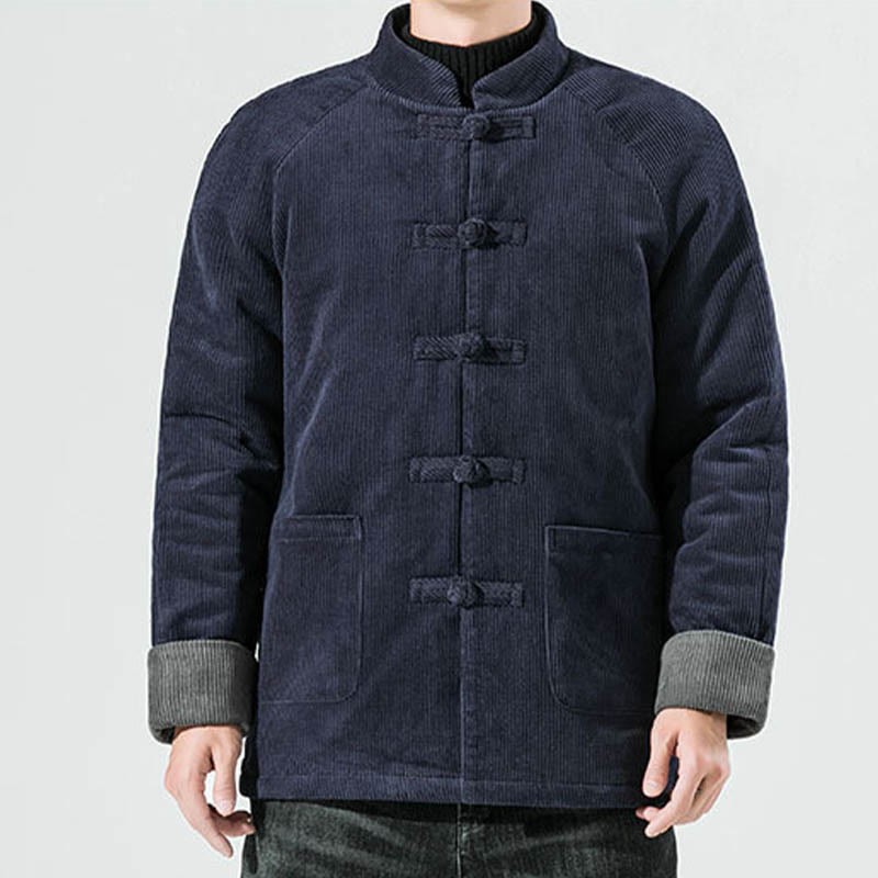 Frog-Button Chinese Tang Suit Stand Collar Long Shirt Corduroy Men Cotton Jacket Clothing