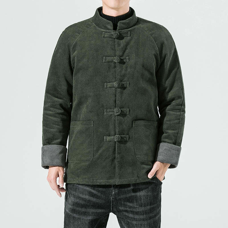 Frog-Button Chinese Tang Suit Stand Collar Long Shirt Corduroy Men Cotton Jacket Clothing
