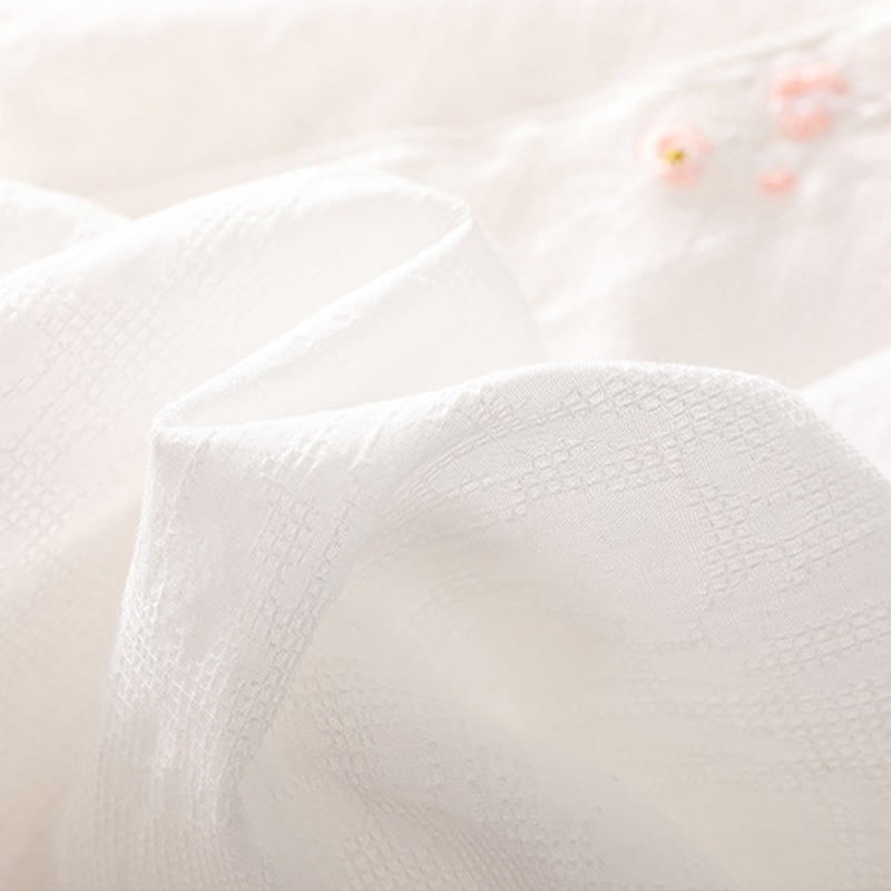 Plum Blossom Embroidery Frog-Button Short Sleeve Cotton Linen Shirt