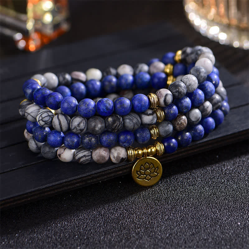 Lazurite Picasso Jasper Amazonite Rhodonite Apatite Positive Lotus Prayer Bead Bracelet