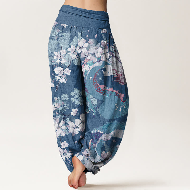 Casual Dragon Cherry Blossoms Women's Elastic Waist Harem Pants