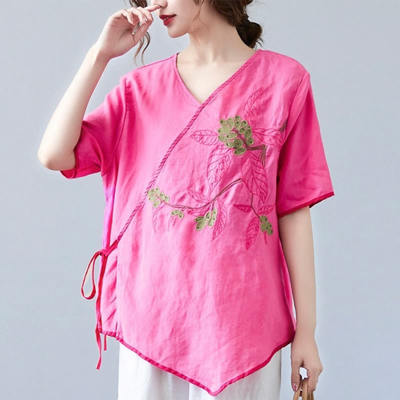 Summer Casual Ethnic Embroidery Flower Lace-up Short Sleeve V-neck Cotton Linen Women's T-Shirt