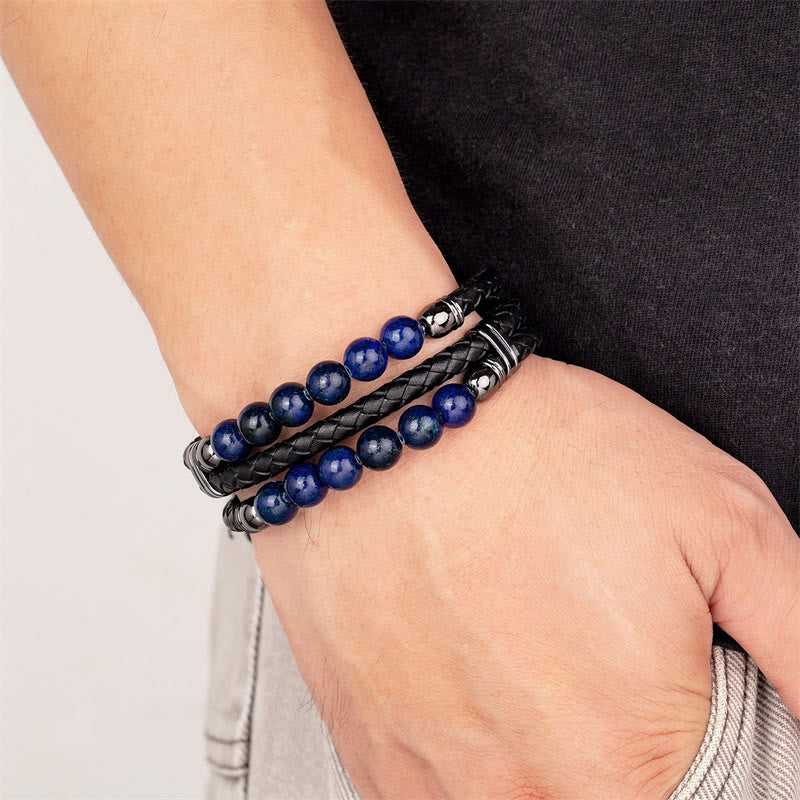 Tiger Eye Hematite Lava Rock Black Onyx Lazurite Beads Protection Strength Leather Bracelet