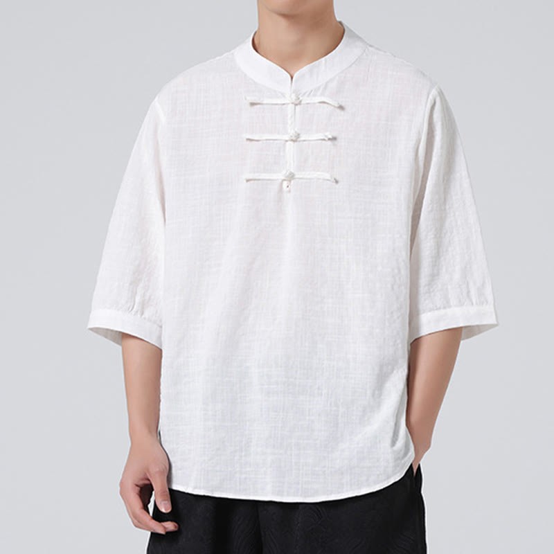 Frog-Button Plaid Pattern Chinese Tang Suit Half Sleeve Shirt Cotton Linen Men Clothing