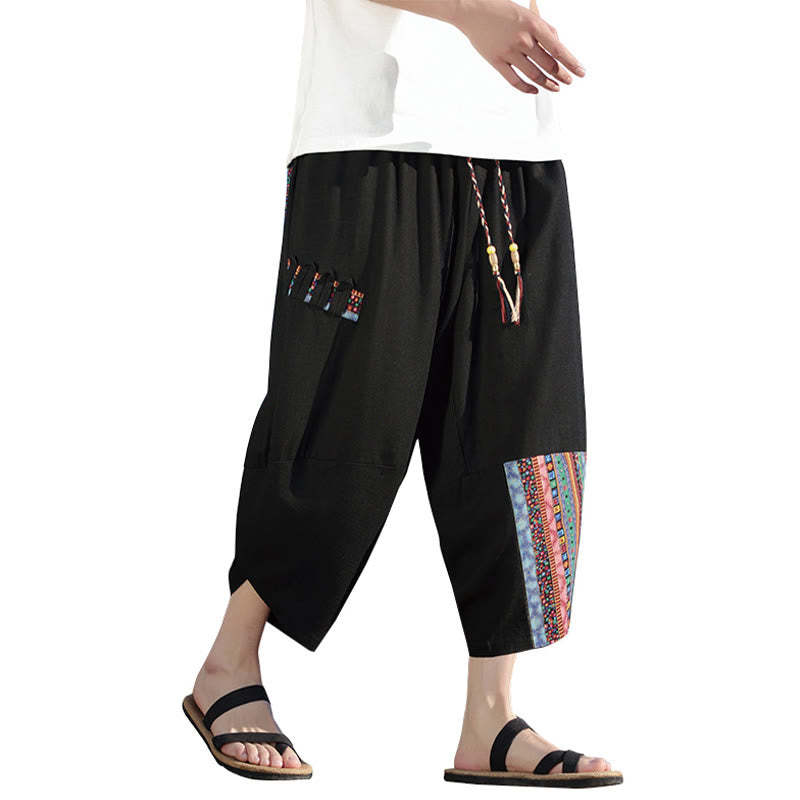 Bohemian Patchwork Pattern Cotton Drawstring Men's Wide Leg Pants With Pockets