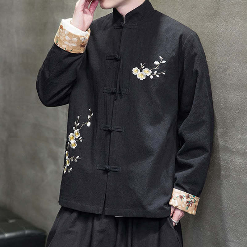 Plum Blossom Embroidery Cuff Flower Design Frog-button Tang Suit Cotton Linen Men's Jacket Shirt
