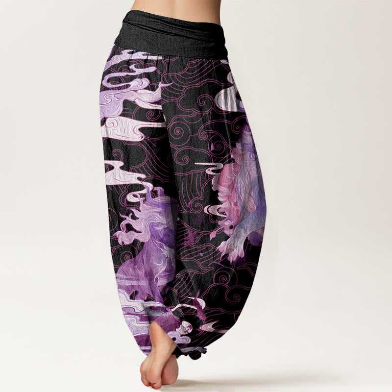 PiXiu Auspicious Clouds Pattern Women's Elastic Waist Harem Pants