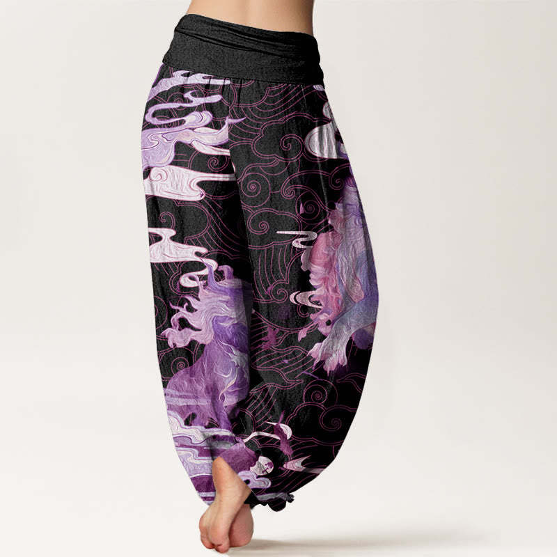 PiXiu Auspicious Clouds Pattern Women's Elastic Waist Harem Pants