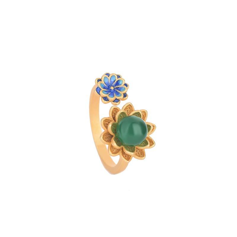 Lotus Pattern Jade Abundance Adjustable Ring