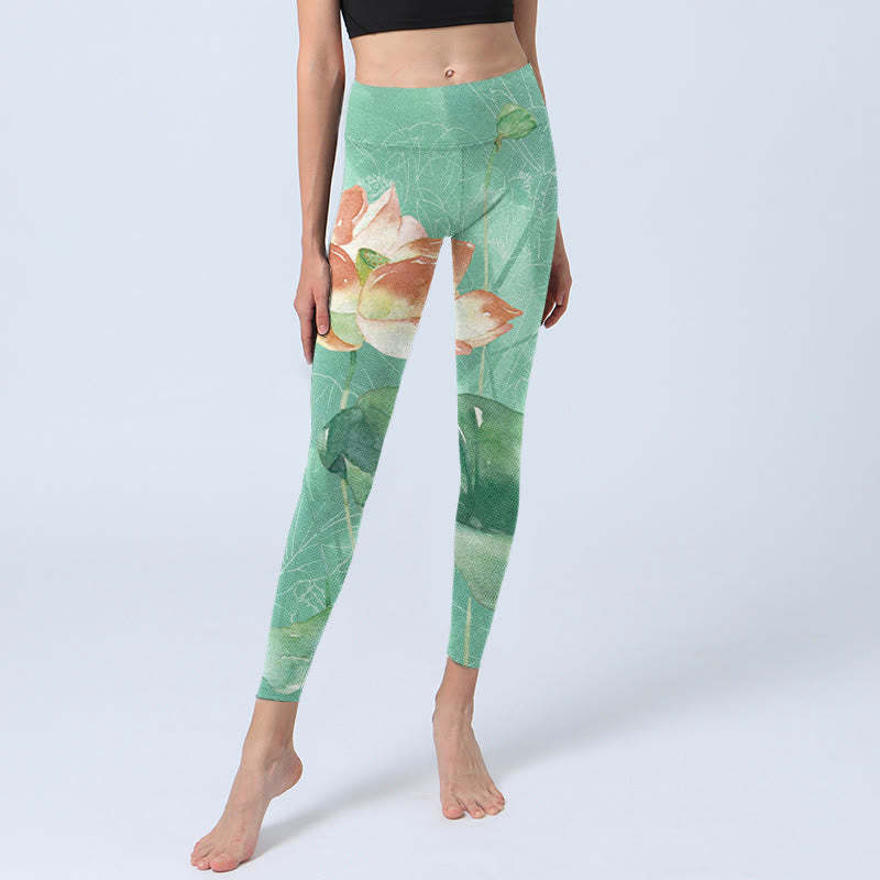 Lotus Leaves Seed Pods Print Gym Leggings Women's Yoga Pants
