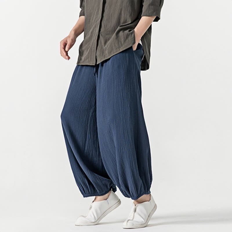 Soft Solid Color Drawstring Cotton Men's Pants With Pockets