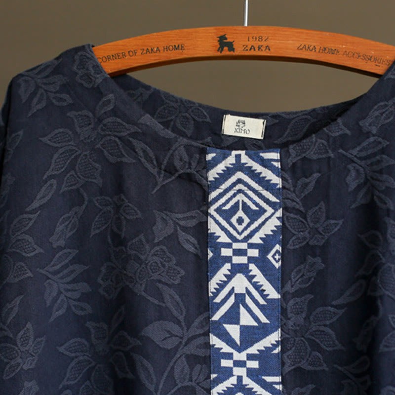 Blue Flowers Embroidery Jacquard Midi Dress Three Quarter Sleeve Cotton Dress With Pockets