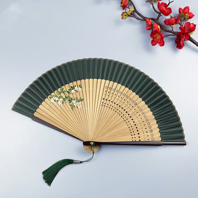 Flower Rabbit Spray Painting Handheld Cotton Linen Fabric Bamboo Folding Fan