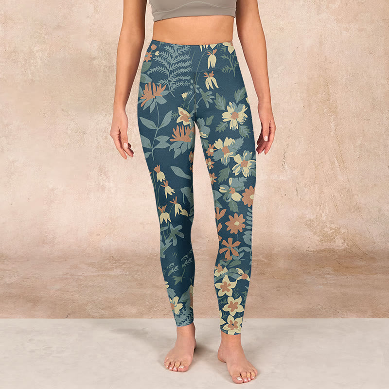 Casual Daisy Flowers Leaves Print Gym Fitness Leggings Women's Yoga Pants